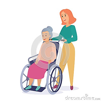 Woman social worker on a walk with disabled grandmother in a wheelchair flat vector illustration. Vector Illustration