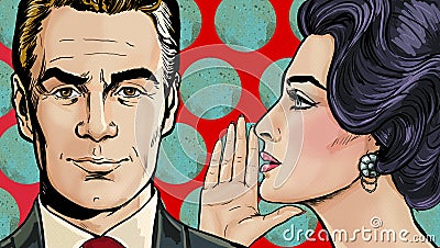 Woman softly telling something to smiling man .Pop Art couple conversation. Whispering secrets. Gossip couple Stock Photo