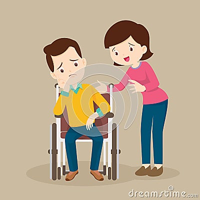 Woman soothes grieving man sitting on wheelchair Vector Illustration