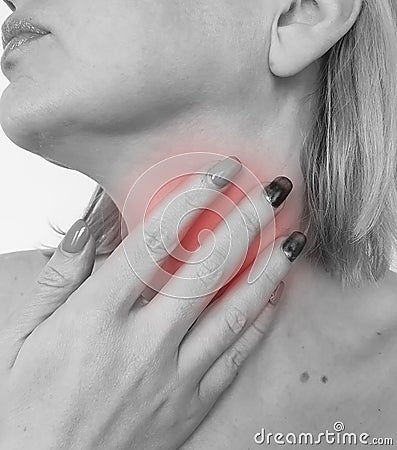 Woman sore throat bad swallowing discomfort uncomfortable symptom syndrome sickness Stock Photo