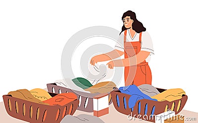 Woman sorting dirty clothes, linen in baskets for laundry, washing. Housewife and housework. Happy housekeeper and Cartoon Illustration