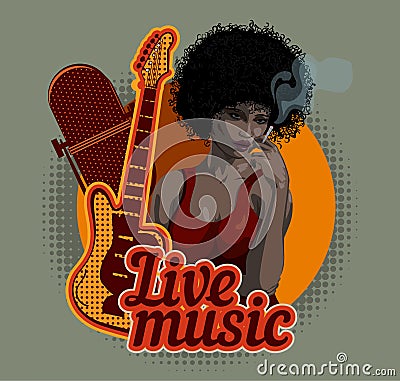 Woman soul singer. Afro hairstyle. Vector image. Jazz and blues music. Vintage poster Stock Photo