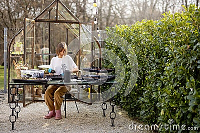 Woman sowing flower seeds at backyard Stock Photo
