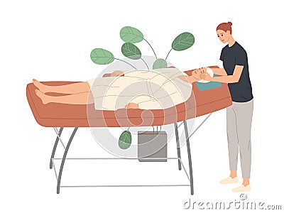 Woman in spa salon getting face treatment. Vector Illustration