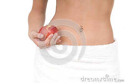 Woman with spa towel around IN WHITE Stock Photo