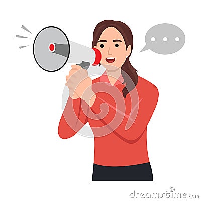 Woman is speaking into a megaphone. Announcement, warning concept Vector Illustration