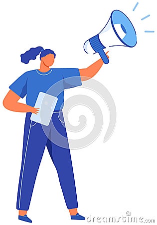 Woman speaks into megaphone, advertises. Lady says advertisement to attract customers, promotes Vector Illustration