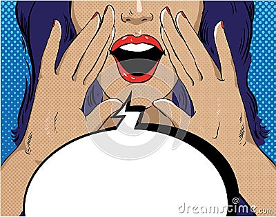 Woman with speech bubble in retro pop art style. Girl screaming template comic vector illustration. Face open mouth Vector Illustration