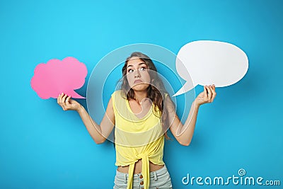 Woman with speech bubble Stock Photo