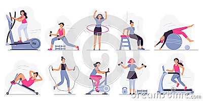 Woman at sport gym. Vector illustration set Vector Illustration