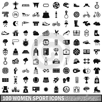 100 woman sport icons set, simple style Vector Illustration