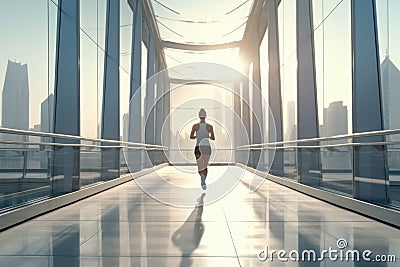 woman in sports runs along a large city bridge. Stock Photo