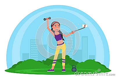 Woman in sportswear exercising and making selfie Vector Illustration