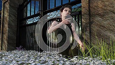 woman stalker near to the gate sitting with a gun Stock Photo