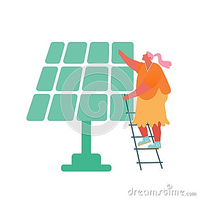 Woman Stand on Ladder near Solar Panel Isolated on White Background. People Using Sunlight for Producing Electric Energy Vector Illustration