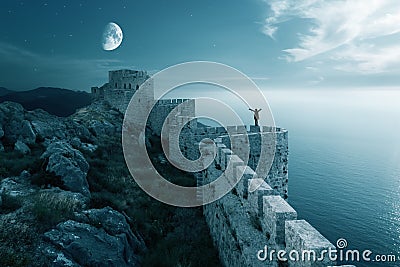 A woman stand ond the walls of a medieval fortress. Wall and tower of a Fotification landscape with moon on sky. Stock Photo