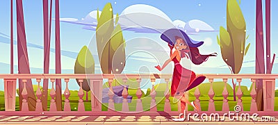 Woman stand at outdoor home terrace with baluster Cartoon Illustration