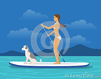 Woman Stand Up Paddling on Sap board with her Dog on a Sea Vector Illustration