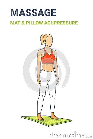 Female standing on an acupressure mat. Concept of a woman relaxing at home on a massage mat. Vector Illustration