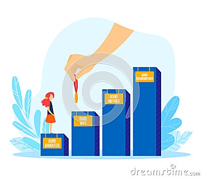 Woman standing on bar chart labeled good daughter, wife, mother, grandmother. Hand placing medal on highest bar. Woman s Cartoon Illustration