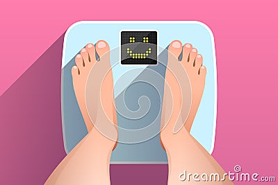 Feet of woman standing on bathroom scales with happy face on display Vector Illustration
