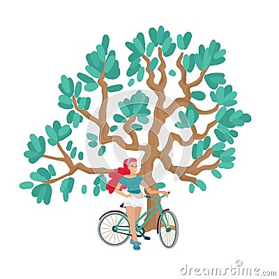 Woman standing with bicycle near the green tree. Vector illustration Vector Illustration