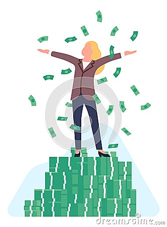 Woman standing on big money pile. Happy person. Good fortune concept Vector Illustration