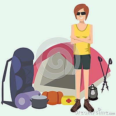 Woman standing with camping and hiking gear Vector Illustration