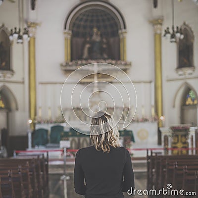 Woman Standing Church Religion Concept Stock Photo