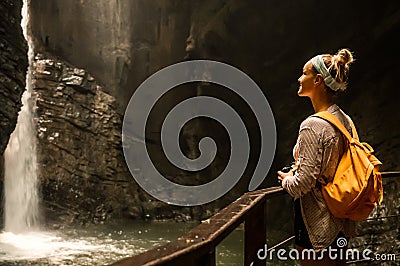 Woman standing at the edge and looking at wonderful scenery. Kozjak waterfall one of the beautiful waterfall in Slovenia. Popular Stock Photo