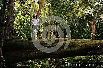 Woman standing on a fallen tree Stock Photo