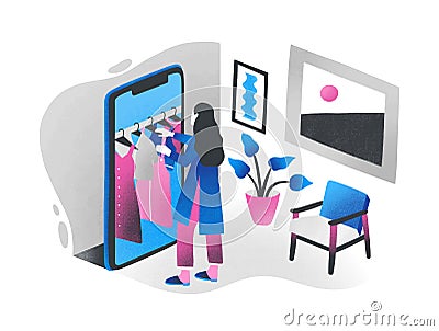 Woman standing in front of giant smartphone and choosing clothes hanging on hanger rail inside it. Concept of online Vector Illustration