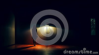 Woman standing in front of lamp in dark room at night. Generative AI Stock Photo