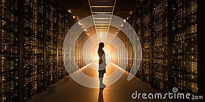 Woman standing in front of wall of computer servers with servers creating an abstract pattern of light and shadows Stock Photo