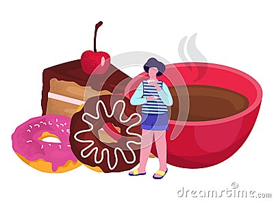 Woman standing with giant doughnut, cake slice, and coffee. Casual clothing, contemplating sweet food, oversized dessert Vector Illustration