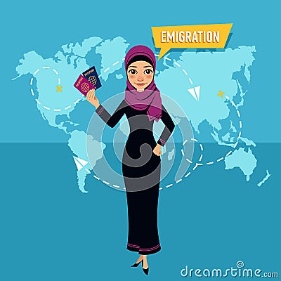 Muslim woman with passport speaks about emigration Stock Photo