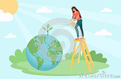 Woman standing on ladder and watering planet Earth Vector Illustration