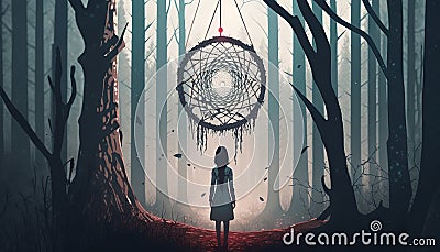 A woman is standing and looking at a dreamcatcher hanging from the trees in a mysterious forest Stock Photo