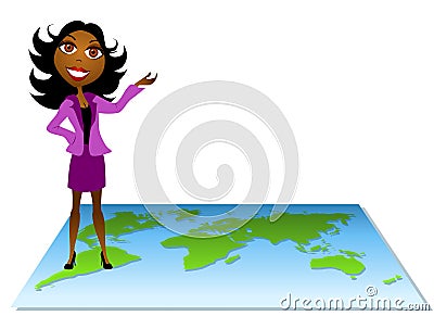 Woman Standing on Map 2 Cartoon Illustration