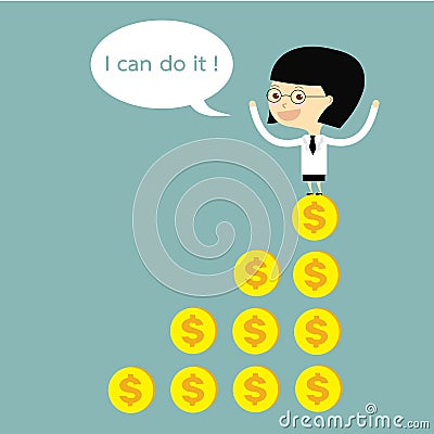 Woman standing on money graph success with bubble speech I can d Stock Photo