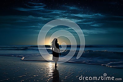 Woman standing on a moonlit beach, waves gently lapping at her feet Stock Photo