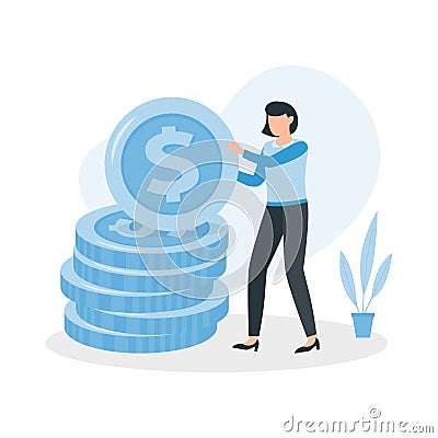 Woman is standing near a big coin money. Earning, saving and investing money concept Vector Illustration