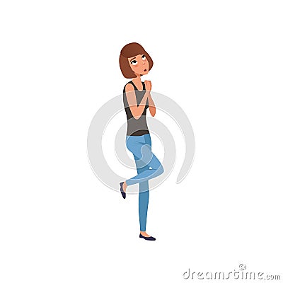 Woman standing on one leg afraid of something. Portrait of frightened young girl. Flat vector design Vector Illustration