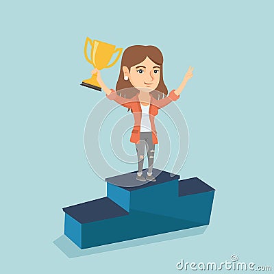 Woman standing on a pedestal with business award. Vector Illustration