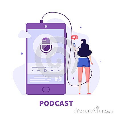 Woman Standing with Phone Choosing or Listening Podcasts in Mobile App. Audio Podcast. Concept of Online Podcasting, Online Radio Cartoon Illustration