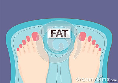 Woman standing on scale measuring with fat word Vector Illustration