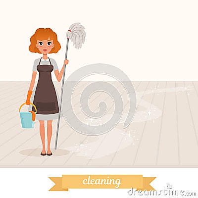 Woman standing on shiny floor and holding mop and plastic bucket. Cartoon maid in dress, apron and protective rubber Vector Illustration