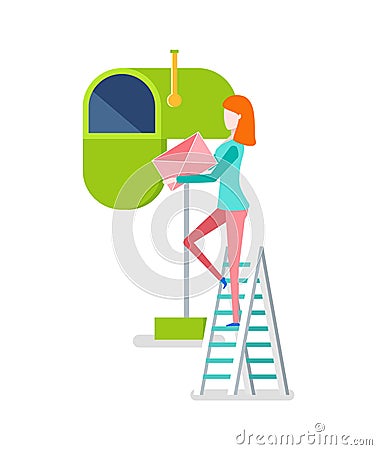 Woman on Stairs Putting Envelope in Mailbox Vector Vector Illustration