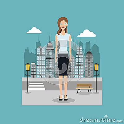 Woman standing street city with brench and lamp post Vector Illustration