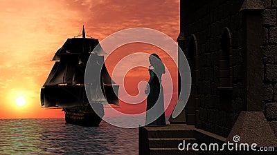 Woman Standing on Tower watching a Sailboat at Sunset Stock Photo